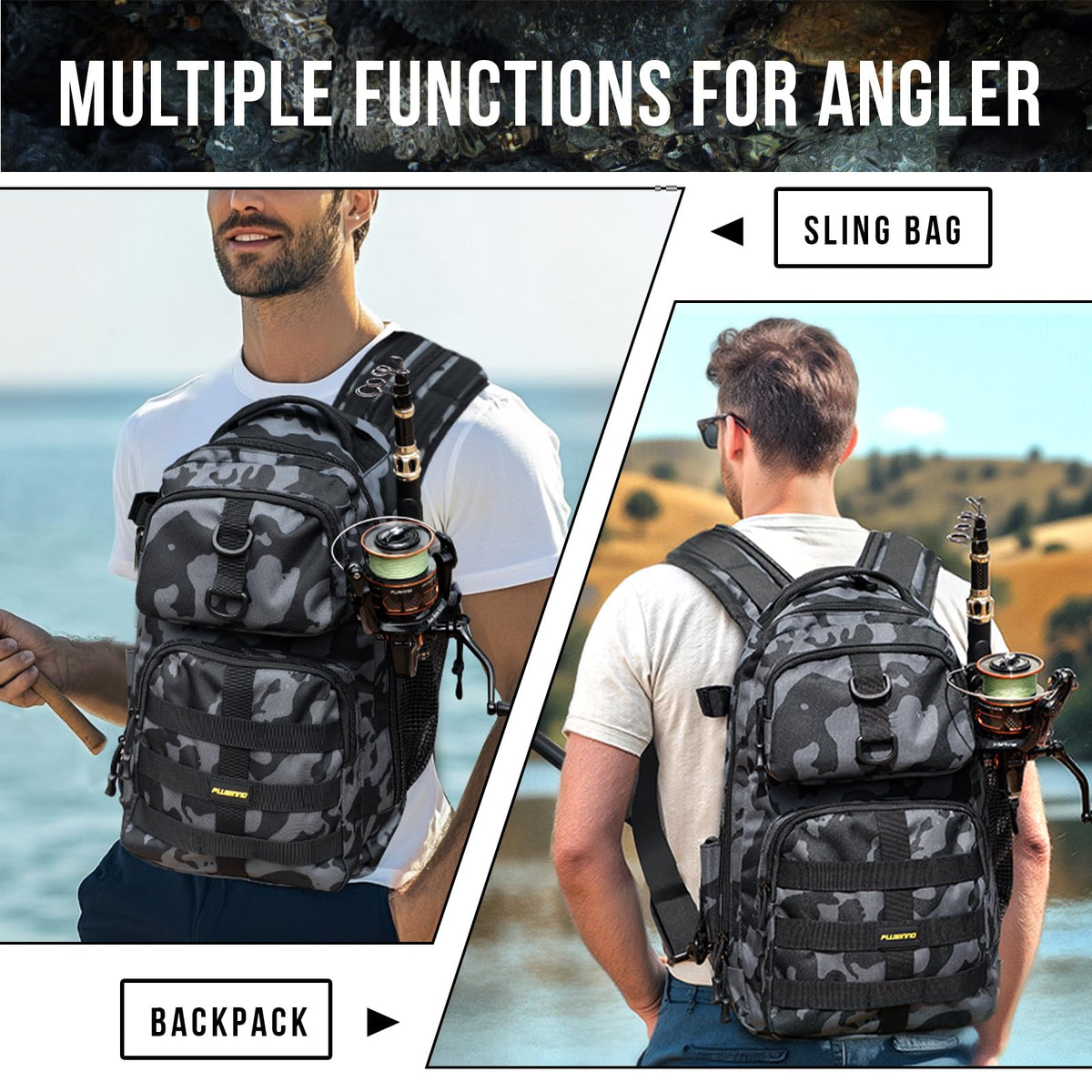 PLUSINNO Fishing Backpack with Tackle Boxes, Waterproof Fishing Sling Tackle Bag For Fishing Gear With Rod Holder, Fishing Gifts for Men With Fishing lures, Fishing pliers.