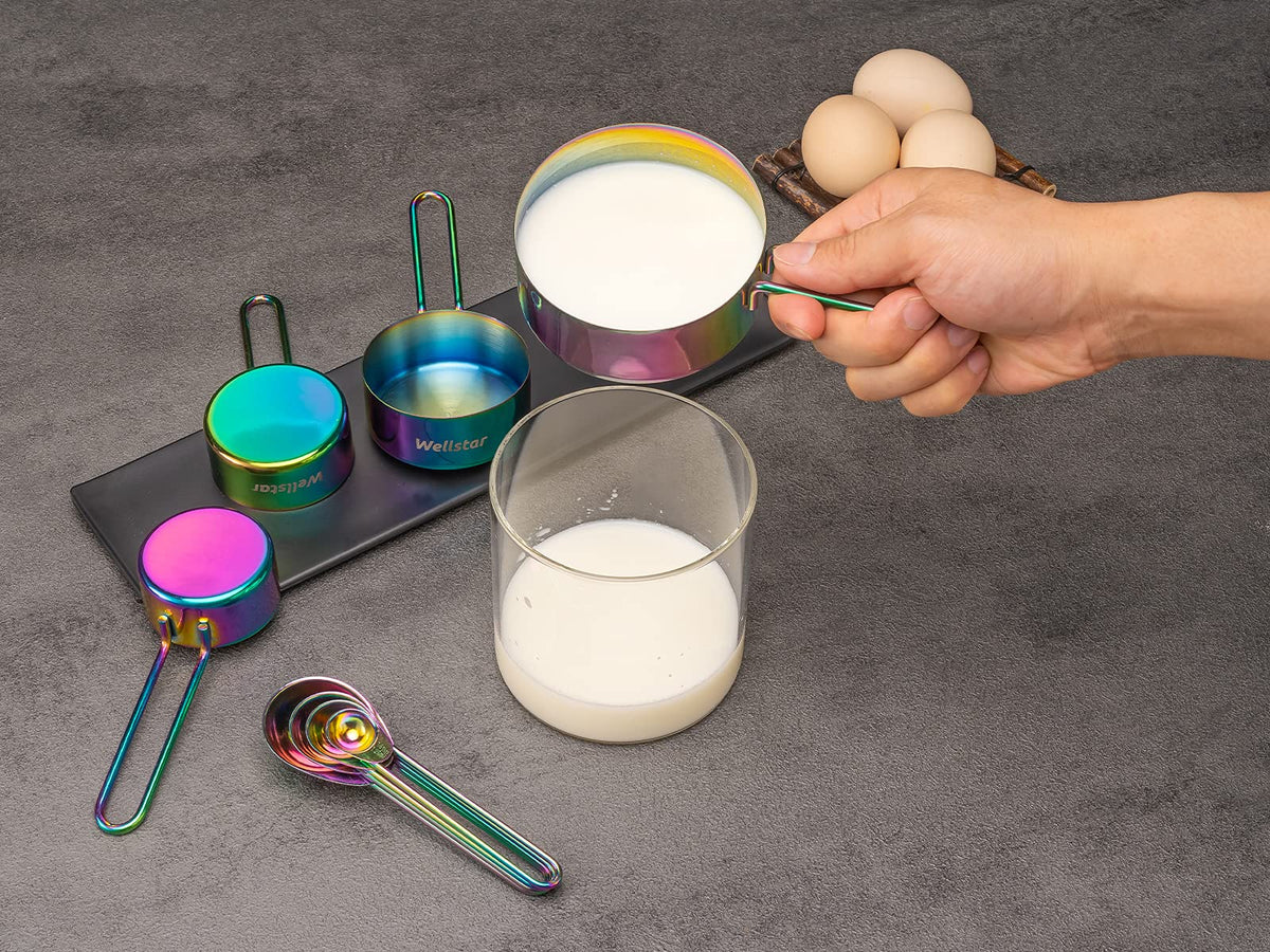 WELLSTAR Measuring Cups and Spoons Set of 8, Food Grade 18/8 Stainless Steel Measure set for Dry Liquid Measurement, Rainbow Titanium Coated Kitchen Gadgets for Cooking Baking, 4 Cup and 4 Spoon