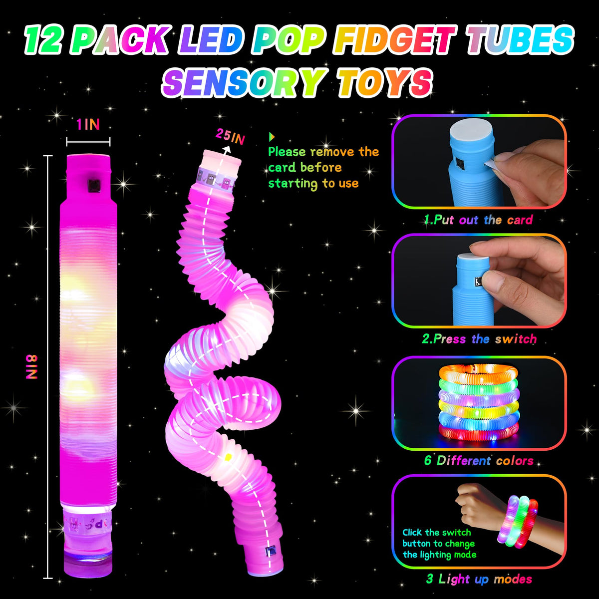 AUTOKAKUM Halloween Glow Sticks Toys for Toddler Kids,24 pcs LED Light Up Pop Tubes Necklaces Bracelets, Camping Glow the Dark Party Supplies, Sensory Toys for Birthday Christmas Gift (24 pack)