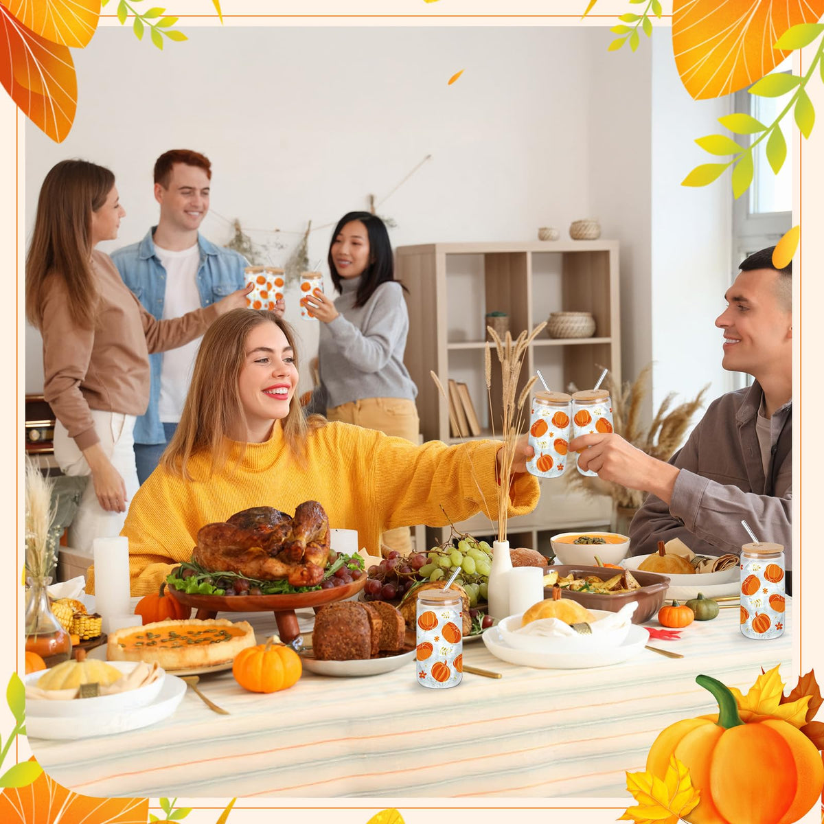Yetene 12 Pcs Thanksgiving Fall Glass Cups Gifts 16 oz Color Changing Pumpkin Glass Tumblers with Lids Straws Brushes Funny Fall Pumpkin Iced Coffee Cups for Autumn Halloween Party Gifts Supplies
