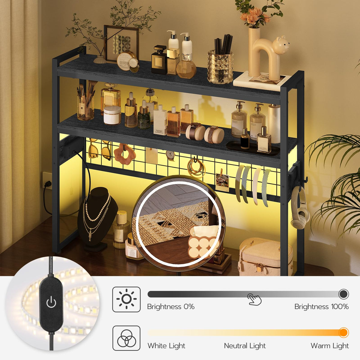 HOOBRO Desktop Bookcase, 37.4" Large Desk Shelf, 2-Tier Desktop Organizer, Wooden Office Storage Rack with Outlets, Display Shelf Rack with Light Strip, Desk Hutch for Office, Black BB13UDSJ01