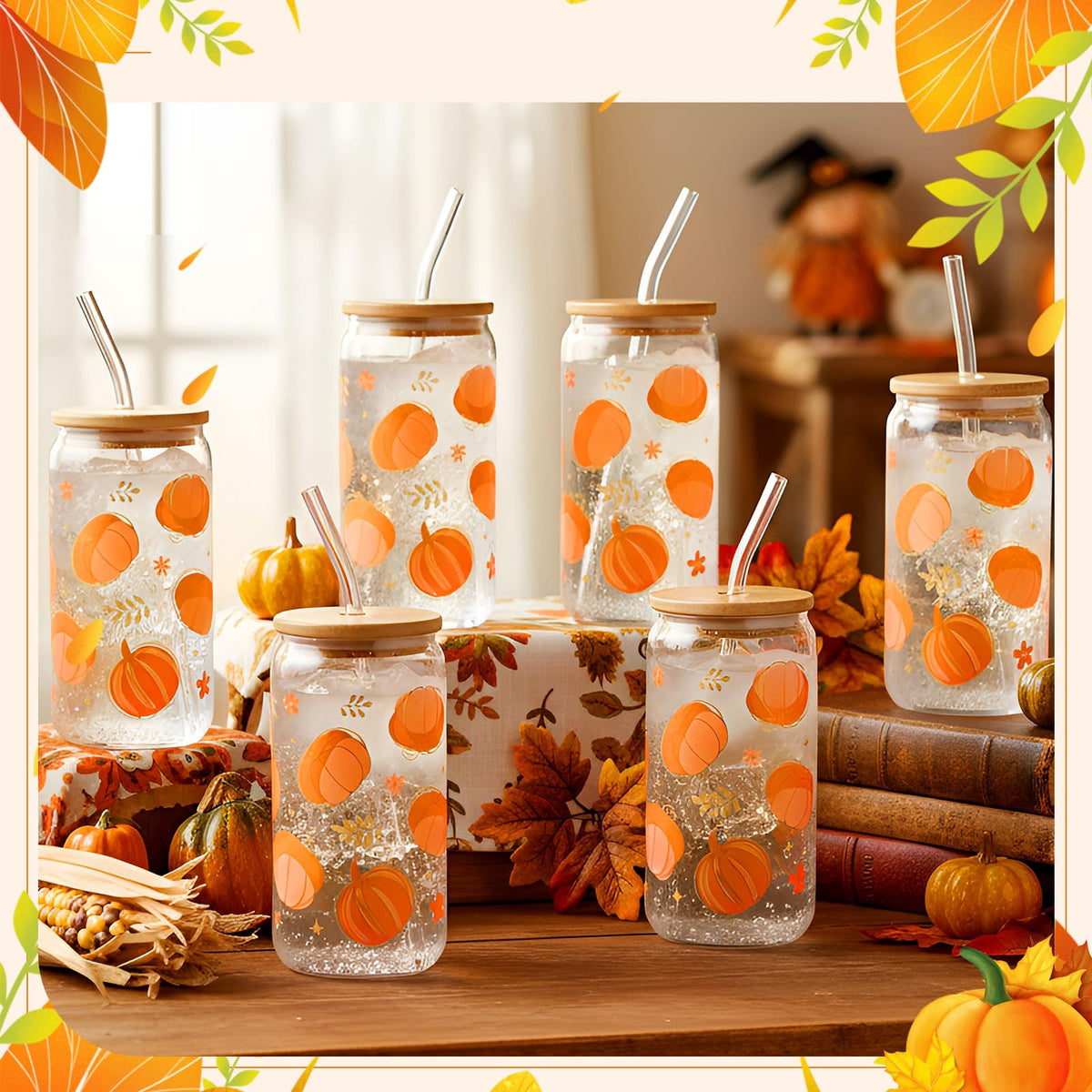 Yetene 12 Pcs Thanksgiving Fall Glass Cups Gifts 16 oz Color Changing Pumpkin Glass Tumblers with Lids Straws Brushes Funny Fall Pumpkin Iced Coffee Cups for Autumn Halloween Party Gifts Supplies