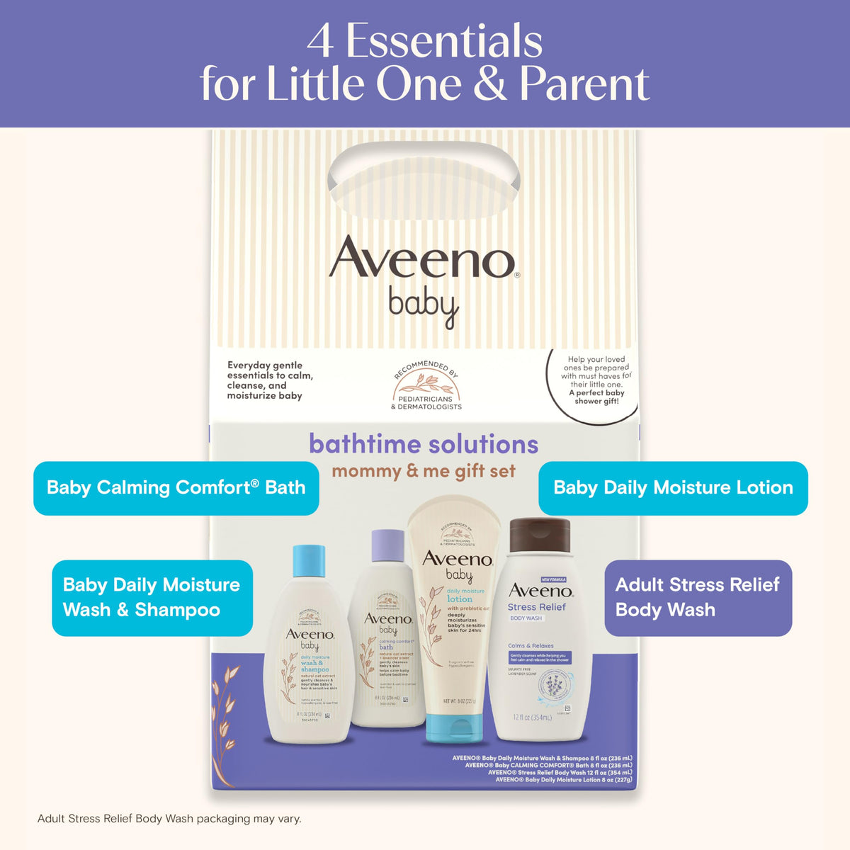 Aveeno Baby Bathtime Solutions Mommy & Me Gift Set, Baby Wash & Shampoo, Calming Bath, Daily Moisturizing Lotion and Stress Relief Body Wash for Mom, Colloidal Oat, Baby Bath Essentials, 4 items