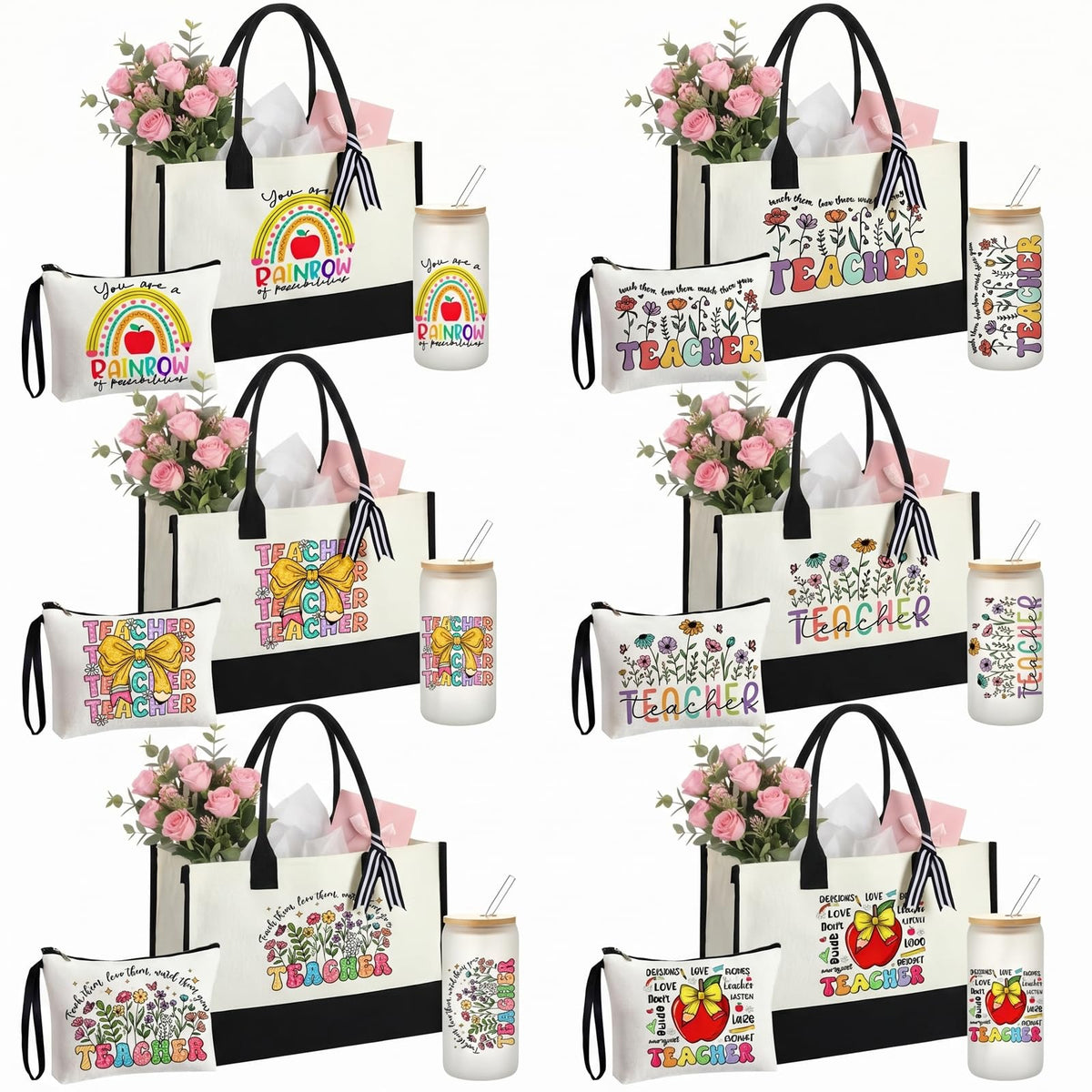 Sanwuta 6 Sets Teacher Appreciation Gifts for Women Thank You End of Year Teacher Gifts Set Include Tote Bag, Makeup Bag & 16oz Glass Cup for Employee Women Graduation Birthday School Office Supplies