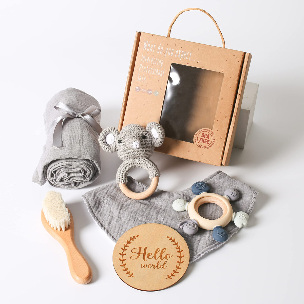 YOUUYS Baby Gift Set for Newborn - Baby Essential Bath Basket Gift Set with Baby Blanket Baby Rattle Teether Toy & Hair Brush Newborn Shower Gift for Baby Girls Boys 6PCS (Elephant)