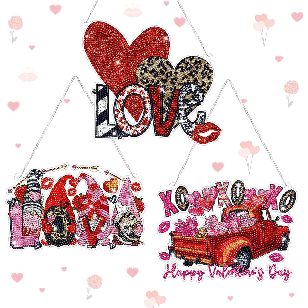 Burbell 3 Pcs Diamond Art Painting Kits - Heart, Love & Gnome Truck Hanging Ornaments & Signs - DIY Painting Art Kits for Adults - Valentine's Day, Window, Door & Wall Decorations