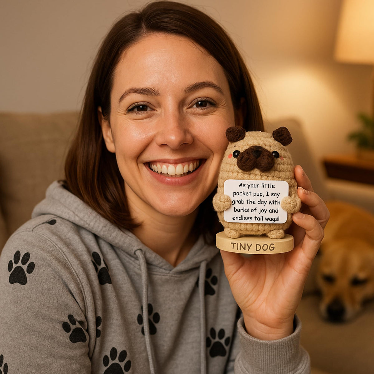 Dog lover Gifts for Women - Handmade Positive Crochet Animal W/ 30 Uplifting Signs - Funny Birthday Gifts for Dog Mom, Cute Present Idea for Women for Mothers Day, Emotional Support Office Desk Decor