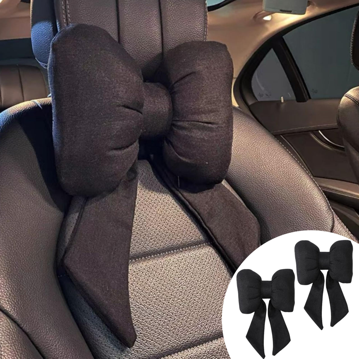 UINSUE 2PCS Chic Car Headrests with Bow-Shaped Cotton Linen Bowknot Neck Pillows for Cozy Road Trip & Cute Interior Decoration (Black)