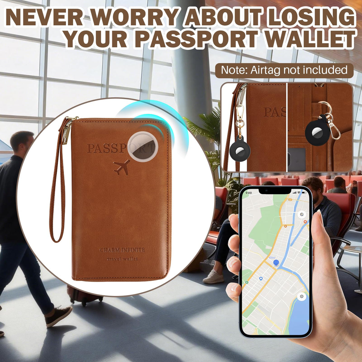 Playexen RFID Blocking Passport Wallet, Anti Theft PU Leather Passport Pouch with Tracker Case, Travel Document Organizer Zipper Wallet with Wrist Strap, Gifts for Women and Men (Brown)
