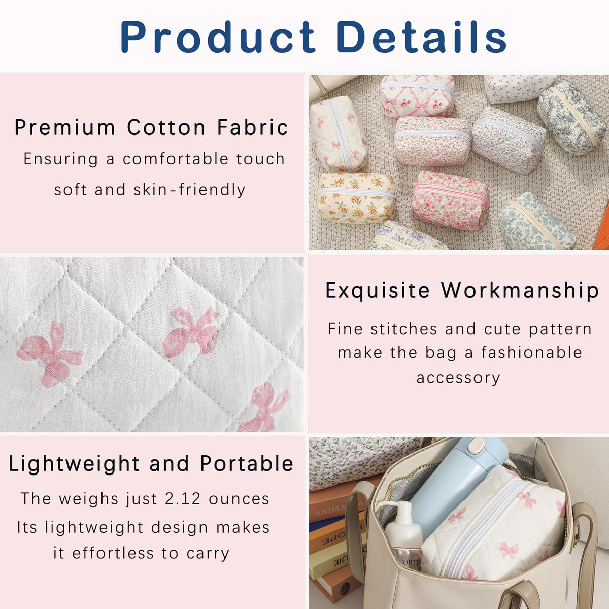 RSRSLEII Small Quilted Cotton Makeup Bag, Cute Floral Cosmetic Bag, Cotton Aesthetic Makeup Pouch, Kawaii Travel Toiletry Bag for Women and Girls (12White Pink Bow)