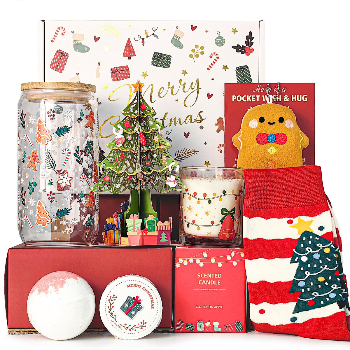 Christmas Gift for Women 2026, Unique Christmas Basket for Coworker Teacher Employee Sister Best Friend Mom Wife, Xmas Holiday Gifts for Women Secret Santa Gift Box Set with Holiday Glass Cup