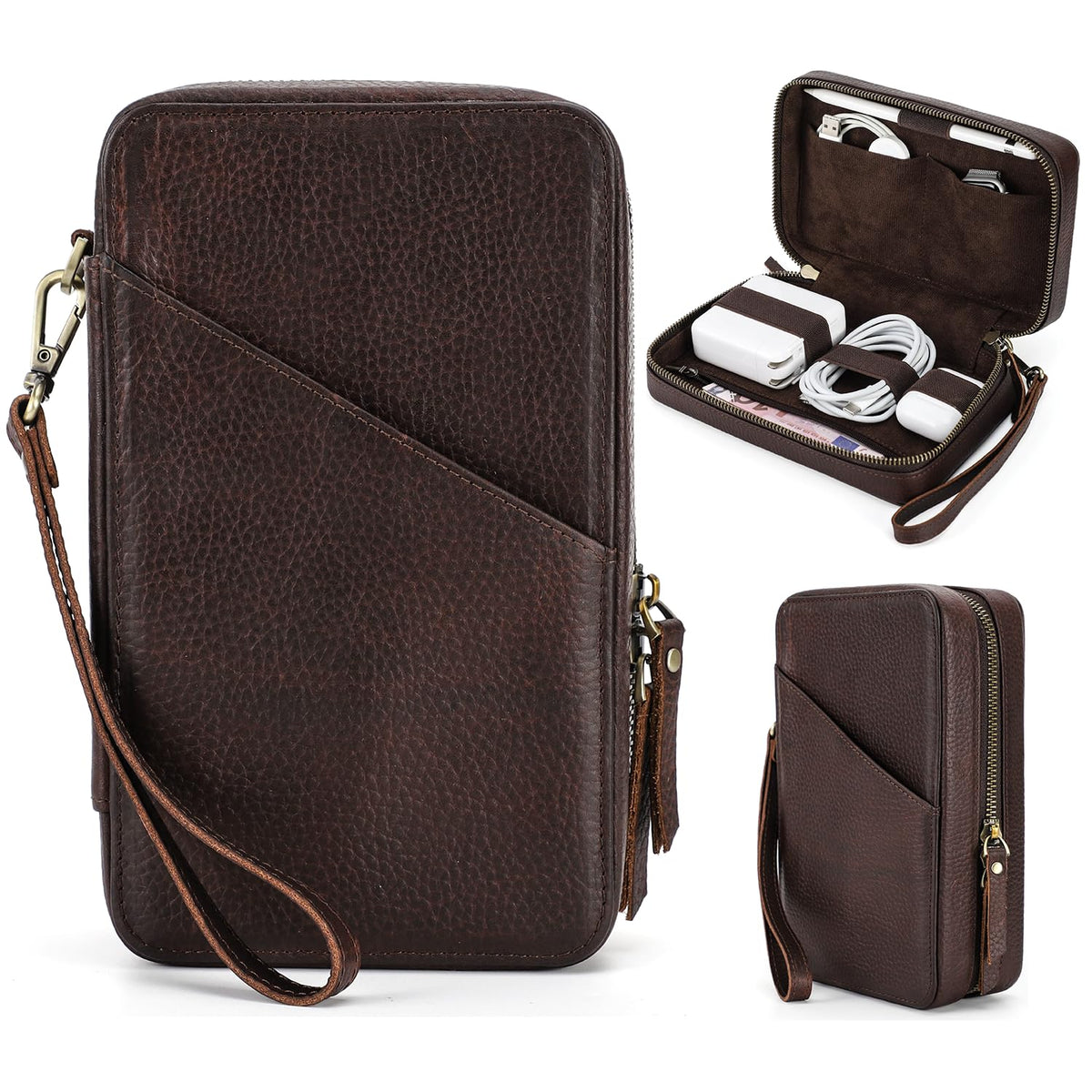 CataPurus Electronic Organizer Case Tech Kit, Top Grain Leather Handmade, Portable Compact Travel Electronic Accessories Storage Case Fits Phone, USB Cables, Chargers, Hard Drive, Cards, Apple pencil