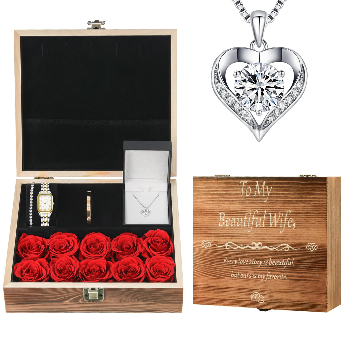 Gifts for Women Jewelry Set, 925 Silver Moissanite Necklace, Gold Watch Stainless Steel Bangle with Eternal Roses Wooden Gift Box Ideal for Mother's Day Birthday Anniversary Christmas Valentine's Day Wife Gift