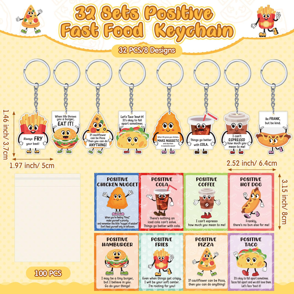 Sureio 32 Sets Employee Appreciation Gifts Bulk, Cute Positive Support Keychains, Small Inspirational Emotional Thank You Gifts for Coworker Staff Nurse Teachers Graduation (Fast Food)