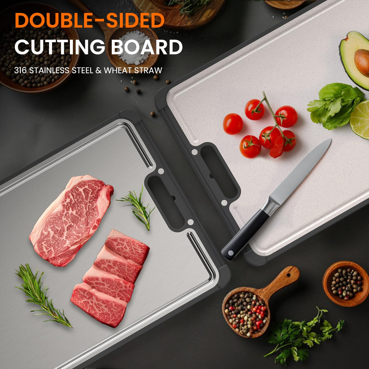 Premium 316 Stainless Steel Cutting Board for Kitchen Extra Large 16.9" x 11.8" Best Non-Toxic Chopping Board for Meat Food-Grade Metal & Eco-Friendly Wheat Straw Dual-Sided Healthy Kitchen Essential