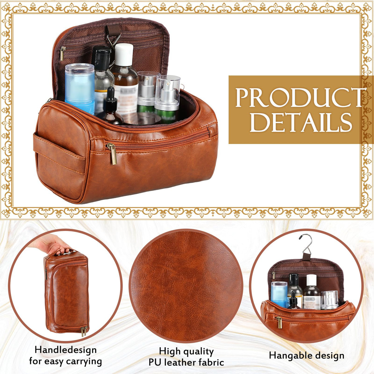 Aliceset 6 Pcs Groomsmen Gift Groomsmen Toiletry Bags Set of 6 Leather Toiletry Bag for Men with Hook Leather Wedding Proposal Bag with Side Handle Father Gift(Brown)
