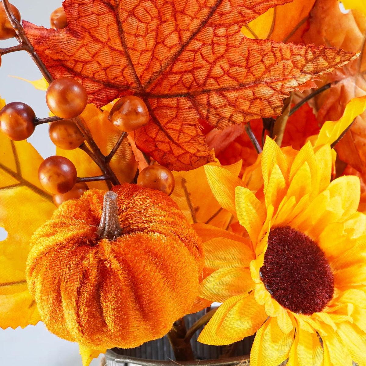 Winlyn 3 Pack Fall Faux Potted Plants Rustic Thanksgiving Floral Arrangements Artificial Fall Harvest Maple Leaf Picks in Metal Pots for Kitchen Home Autumn Wedding Table Centerpieces Mantel Decor