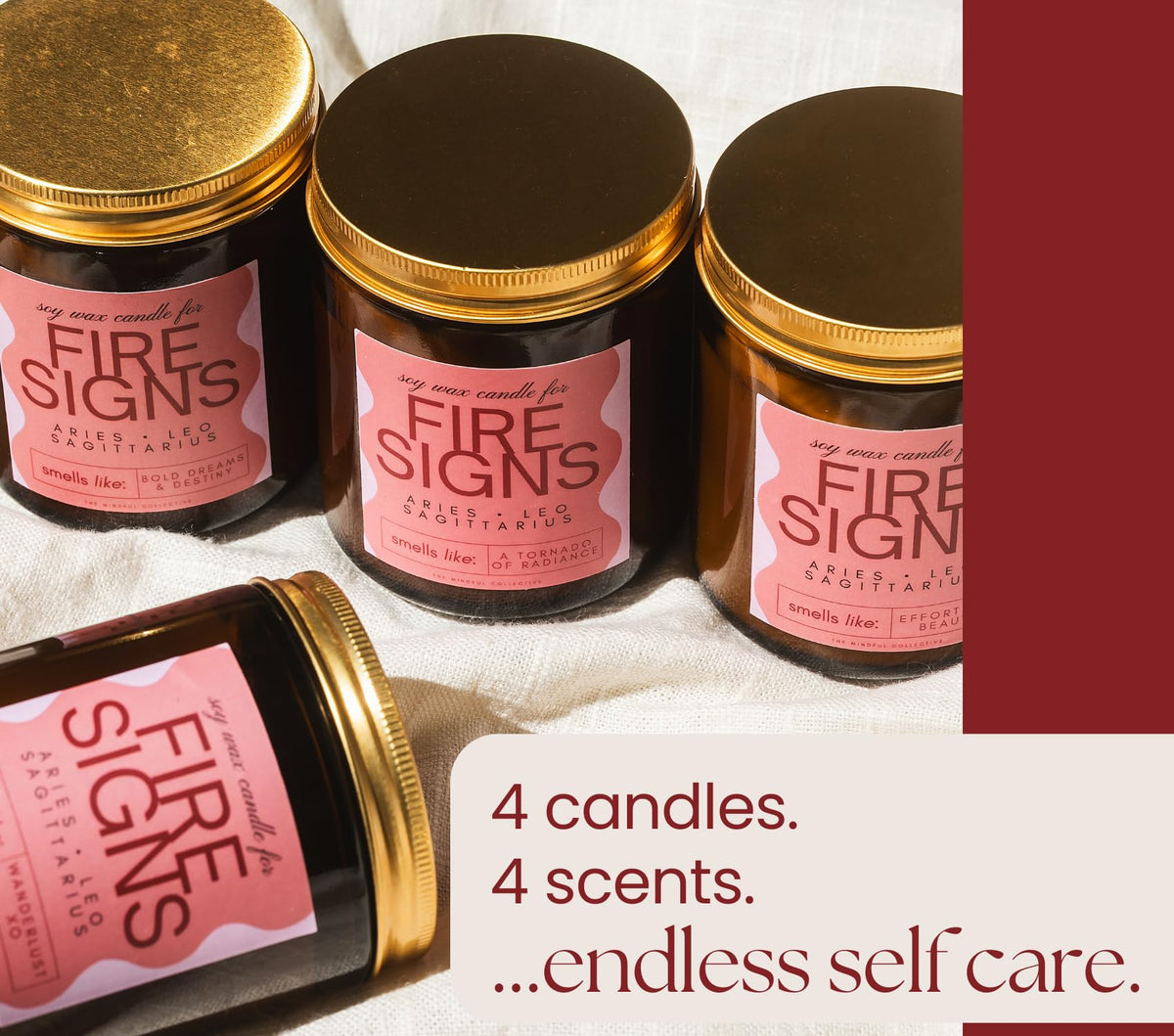 Aries, Leo, Sagittarius Gifts for Women - Wood Wick Candles, 4 Pack Small Scented Candles Set for Women. 6oz Natural Soy Wax, Aromatherapy Set for Home. Zodiac Astrology Birthday Spiritual Gifts