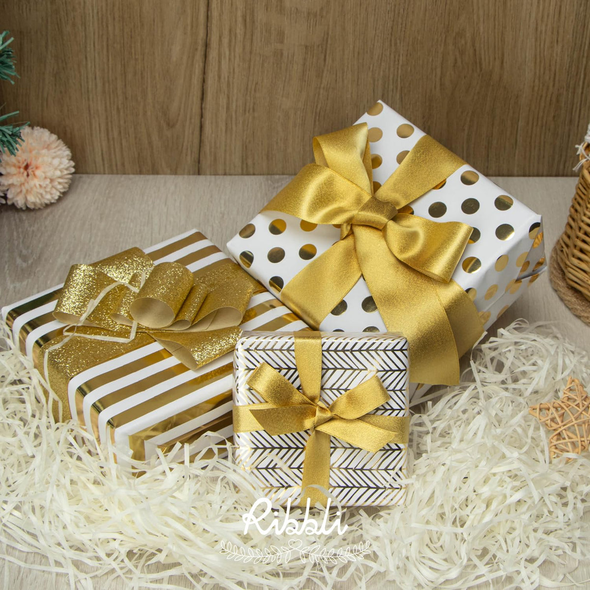 Ribbli Birthday Wrapping Paper White and Gold Gift Wrapping Paper for Christmas Mini Roll, 3 Rolls Polka Dots Stripes Geometry Pattern with Gold Foil - 17 inch x 120 inch(10feet) Per Roll