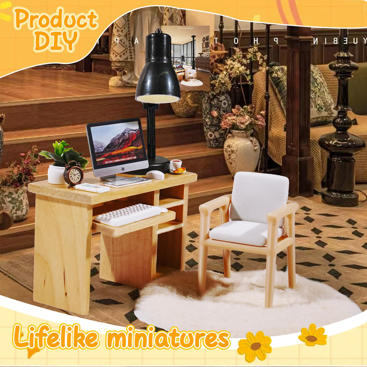 Hiawbon 11PCS 1:12 Scale Miniature Office Furniture Set, Miniature Office Table and Chair, Mini Simulation Desktop Computer with Mouse Keyboard Model Simulation Accessories for Mini House