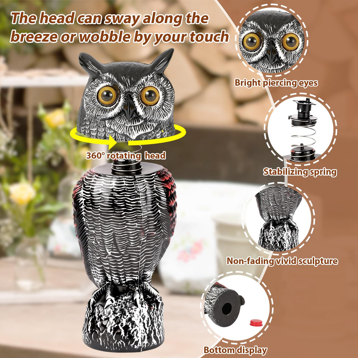 WonderField Fake Owl Decoys to Scare Birds Away-15.8 Inch, Rotating Head Sculptures, Nature Enemy Scarecrow Plastic Owl Statues, Bird Control and Pigeon Deterrent Outdoor for Outside, Patio, Yard