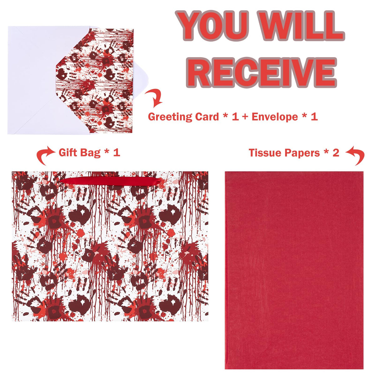 WRAPAHOLIC Bloody Halloween Large Gift Bags with Tissue Paper and Card - 10 x 5 x 13 inch - Spooky Blood Splatter and Handprint Halloween Paper Bags for Holiday, Party Gift Wrap (Pack of 2)