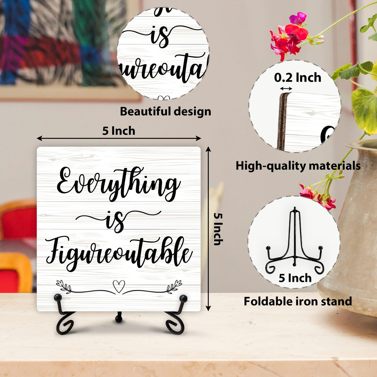 Inspirational Office Gifts for Women, White Desk Decor, Everything Is Figureoutable Wooden Sign with Stand, Birthday Gifts for Men Friends Coworkers, Motivational Office Decor, 5"x5"-A02