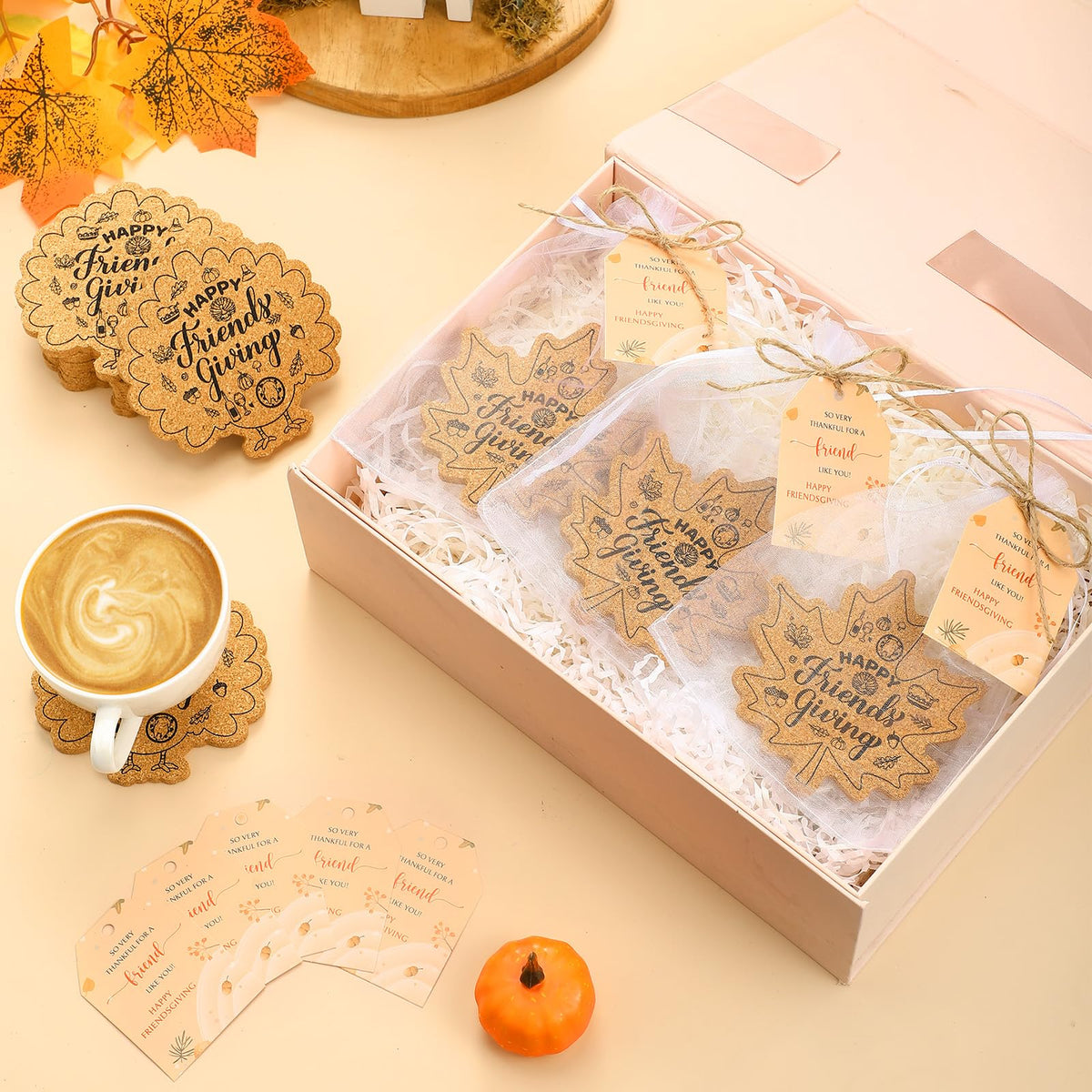 Hushee 24 Sets Friendsgiving Gifts Bulk Friendsgiving Cork Coasters Thanksgiving Cork Coaster Leaf Coaster with Thank You Cards and Organza Bag Thanksgiving Autumn Fall Party Favors (Maple Turkey)