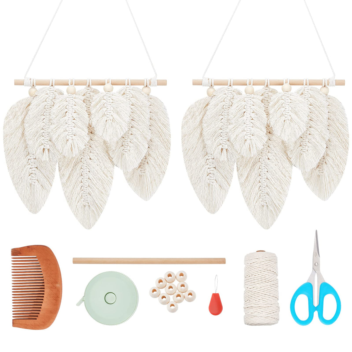 FREEBLOSS 2 Set DIY Macrame Leaf Wall Hanging Kit Macrame Feather 100M Macrame Cord and 20Pcs Wooden Beads Boho Macrame Wall Hanging Decor Macrame DIY Kit Handmade Gift for Mom Girls