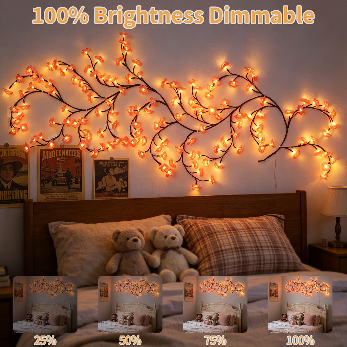 FNHMSL Cherry Enchanted Willow Vine Lights, 4FT 48LED Pink Cherry Blossom Tree Branch Lights for Wall, Remote Timer,8 Light Model,Bedroom Wall Doors Wedding, Christmas, USB Battery Box
