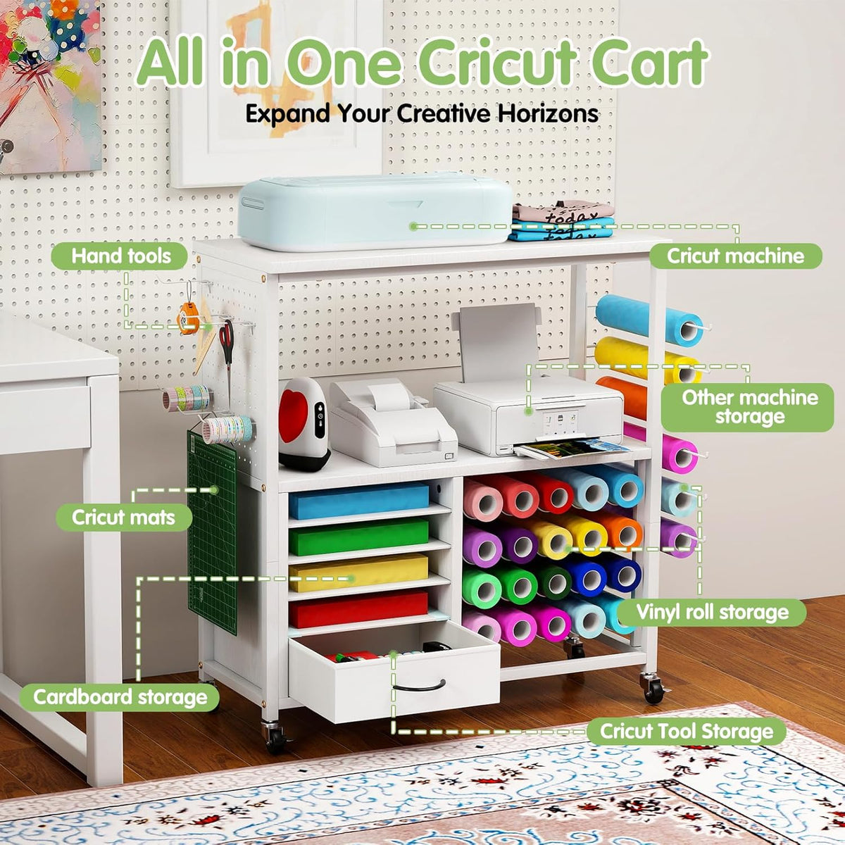 Skiennix Craft Storage Cart - Mobile Organizer with Vinyl Roll Holder & Drawers | Ideal for Studios & Offices