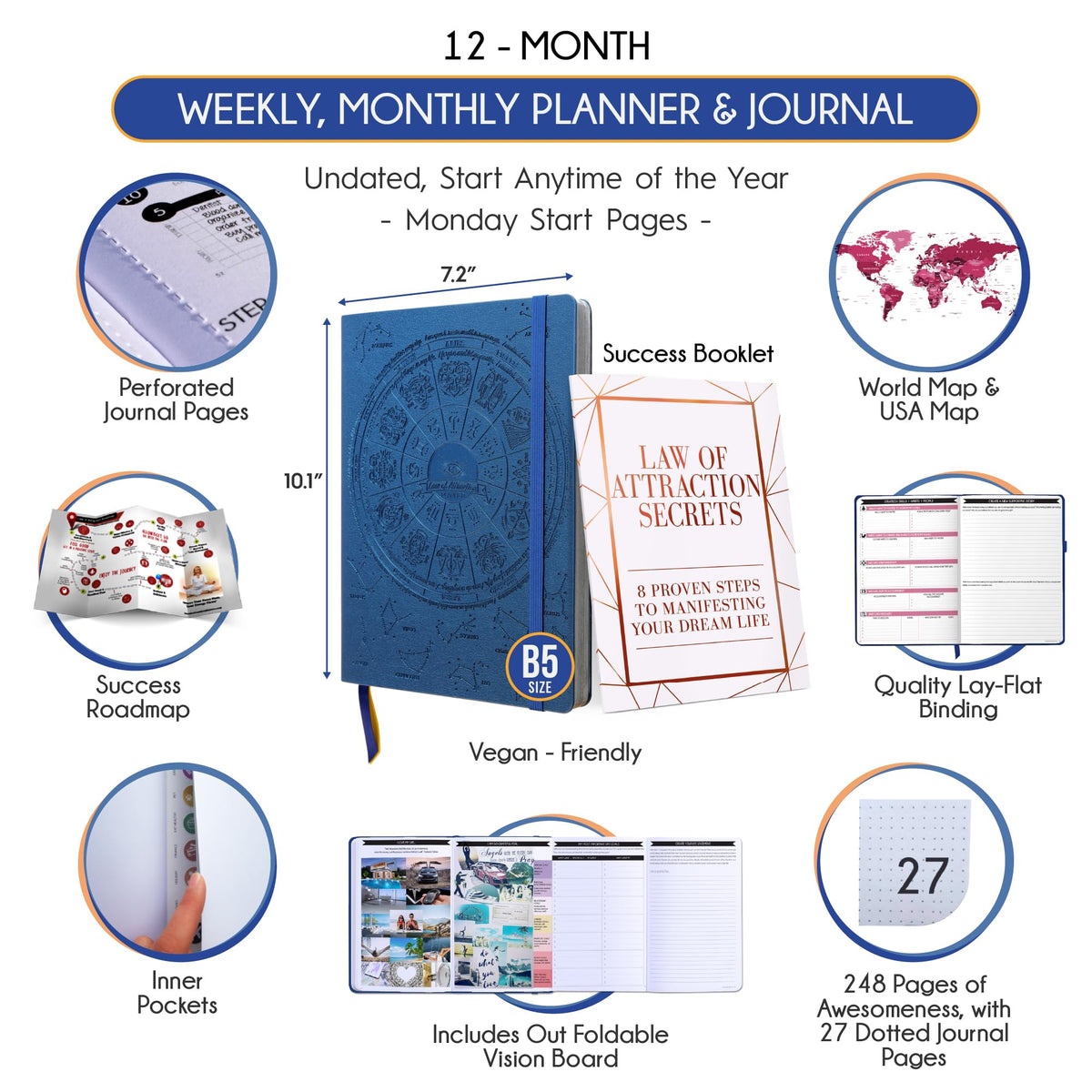 Deluxe Weekly and Monthly Planner | Law of Attraction Planner with Productivity App | 12-Month for Productivity, Gratitude & Goal Setting | Includes Foldable Vision Board, Gift Box & Stickers
