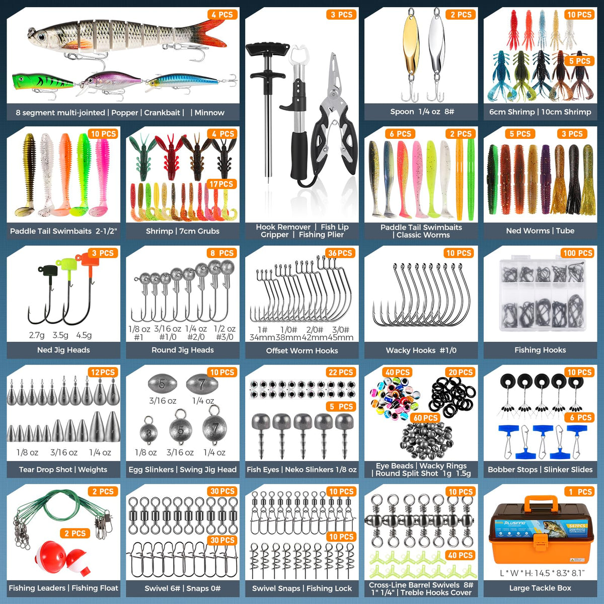 PLUSINNO Large 4-Layer Tackle Box with Tackle Included, 547Pcs Fishing Lures Kit - Pliers, Crankbait, Hooks, Weights & Accessories - Freshwater Bass Fishing Bait Lure Gear and Equipment, Gift for Men