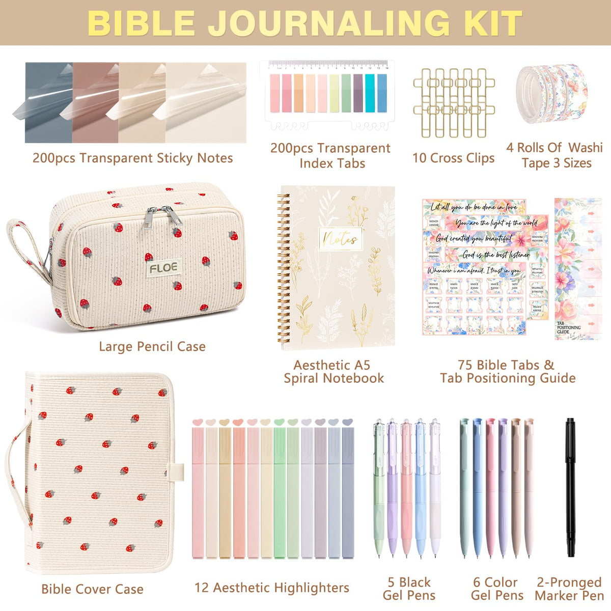 Bible Study Supplies Journaling Kit for Women with Bible Cover Case, Mothers Day Christian Gifts for Women Mom, Bible Study Tools Accessories Set w/Highlighter Pen, Pencil Case Notebook Annotation Kit