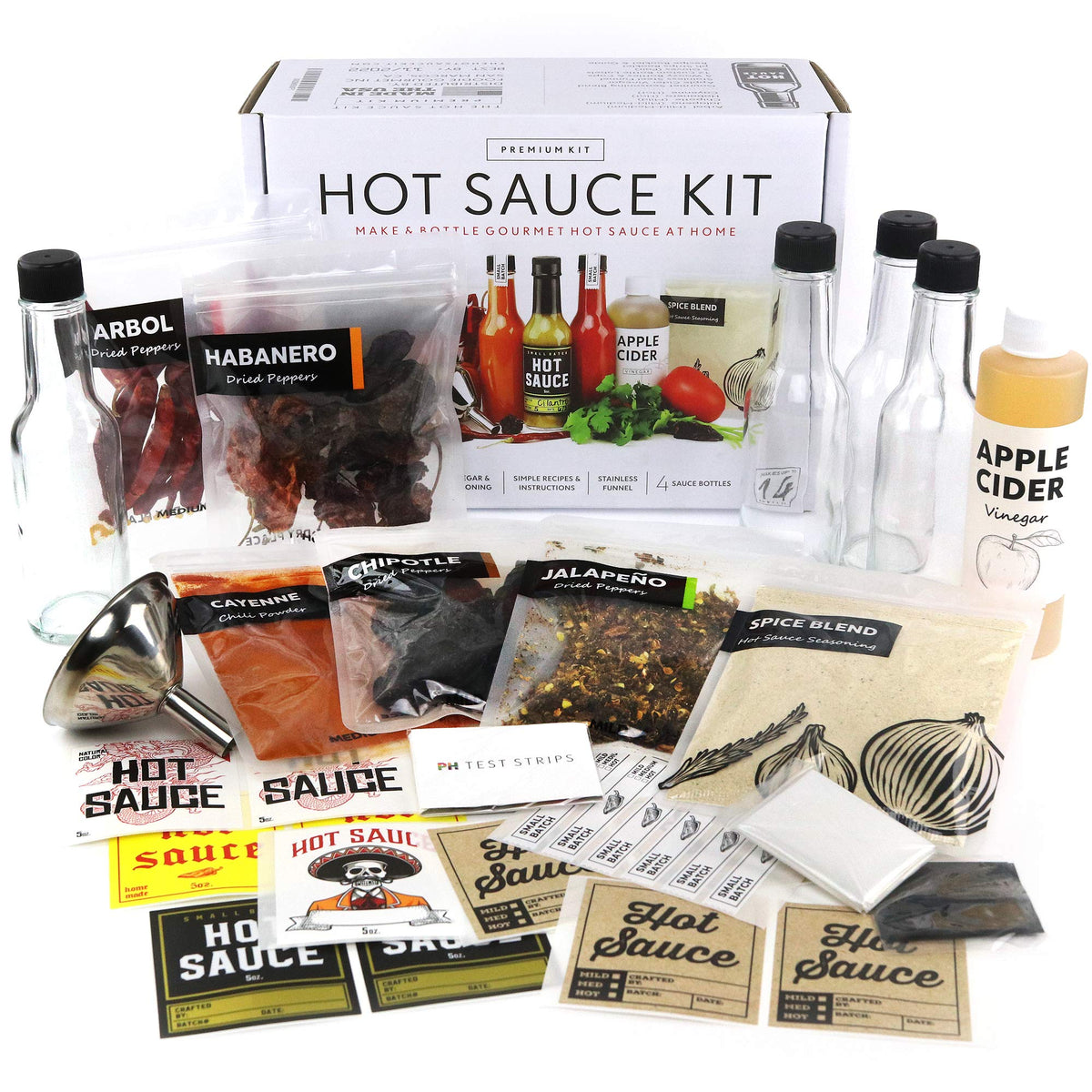 Premium Hot Sauce Making Kit, 5 Varieties of Peppers, Jalapeno Habanero, Gourmet Spice Blend, 4 Bottles, Fun Labels, Make your own hot sauce, DIY Gift for Dad (Premium Kit)