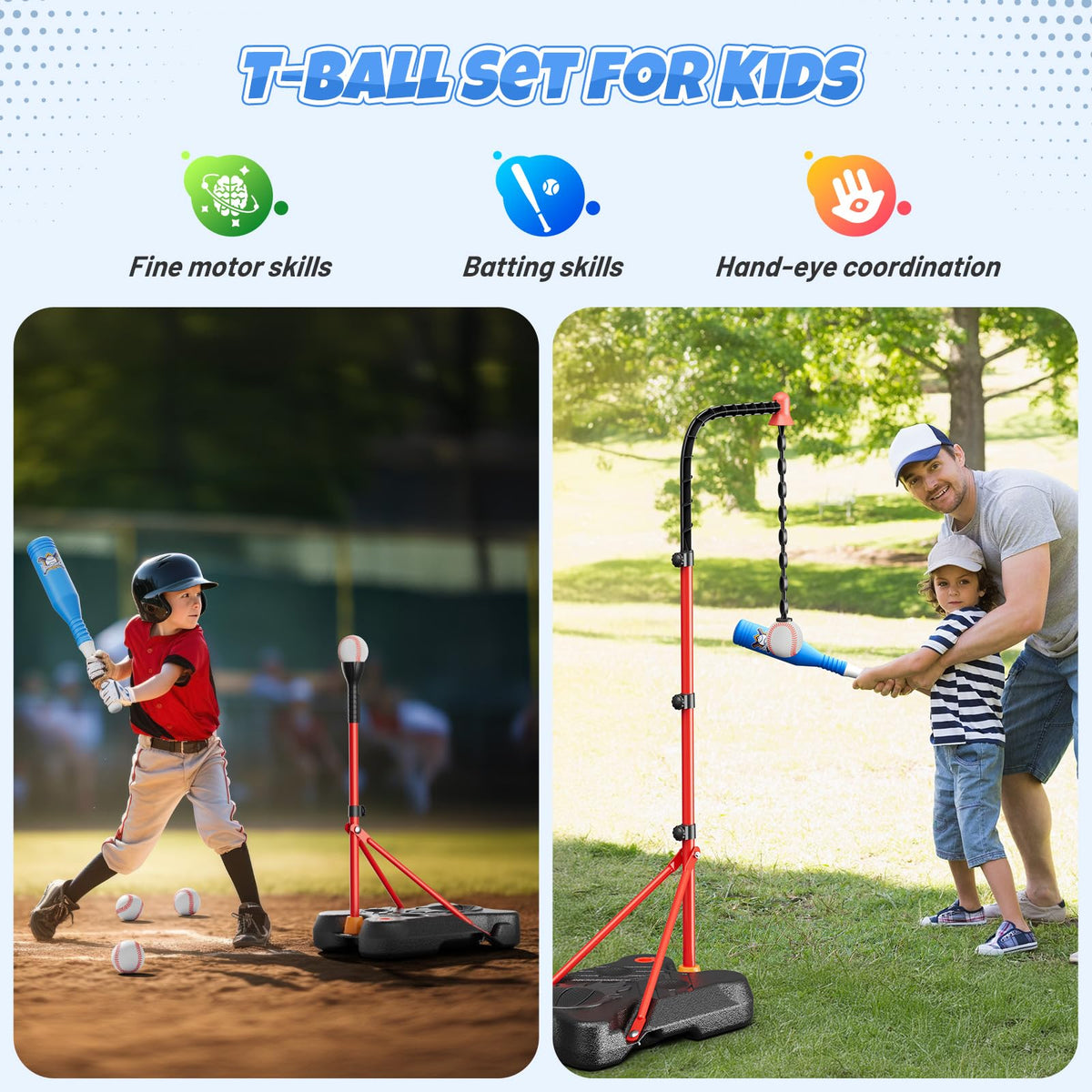 HopeRock 2 in 1 Kids Basketball Hoop and T Ball Set, Adjustable Basket Ball Stand,Hanging Tee Baseball for Toddlers Boys Girls Ages 2 3 4 5 6 7 8 Years Old, Outdoor Toys Gifts