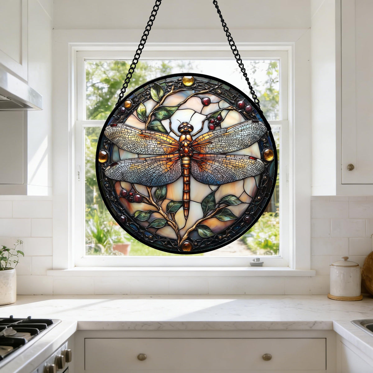 DASTOLL Stained Glass Window Hanging - Dragonfly Plant Suncatcher Ready to Hang Window Doors Home Decoration, Christmas, Mother's Day Birthday Gifts for Women, Men, and Mom 7.8x7.8 in