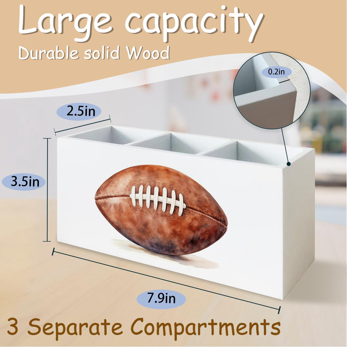 YTRGI American Football Pen Pencil Holder Organizer for Desk, Gifts for Football Fan Lovers Players Wooden Box Block Sign for Home Office Tabletop Decor