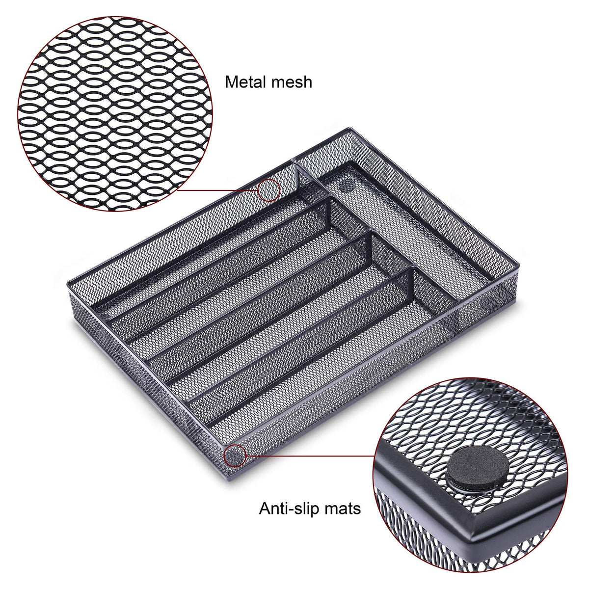 WuGeShop Office Desk Drawer Organizer, 5 Compartments Mesh Drawer Organizer Tray for Storage Art Supplies, Stationery, Black