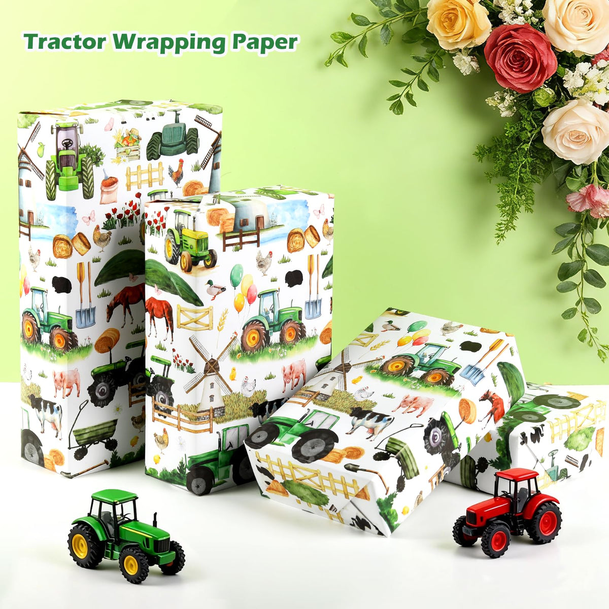 Pineraap Farm Birthday Gift Wrapping Paper Roll, 17 Inch × 16.4 Feet, Farm Animal Gift Wrap, Green Tractor Birthday Wrapping Paper for Farm Lovers Baby Shower Holiday Rustic Party Decoration