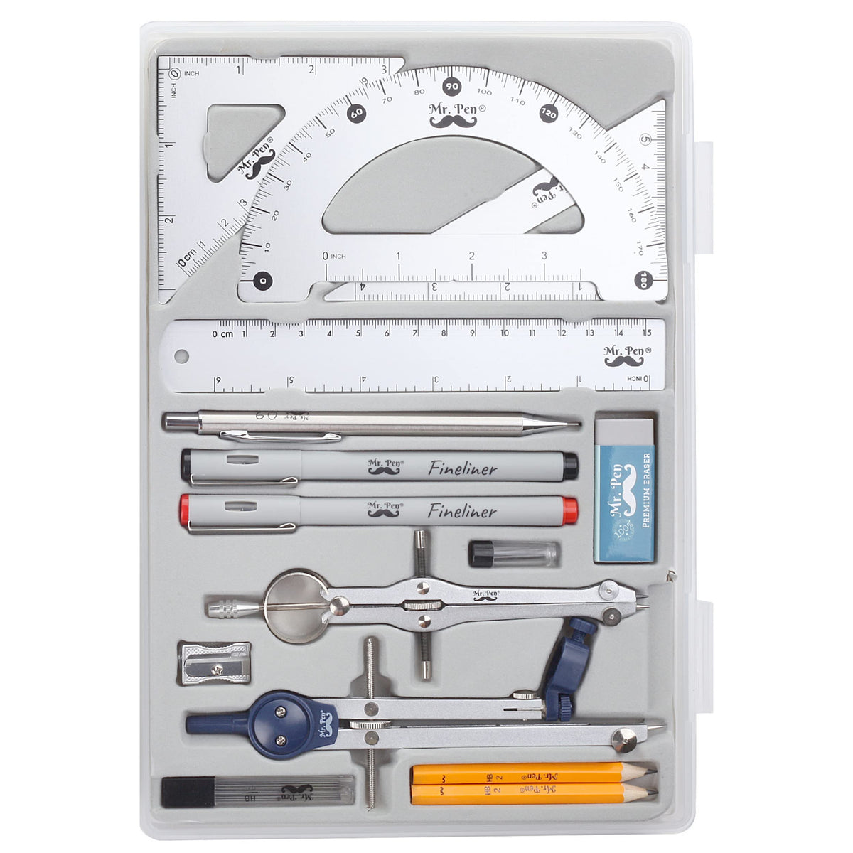 Mr. Pen- Professional Geometry Set, 15 pcs, Drafting Tools with Protractor, Compass, Metal Ruler, Triangles, Pens & Pencils, Complete Geometry & Drafting Kit for Architects, Engineers & Students