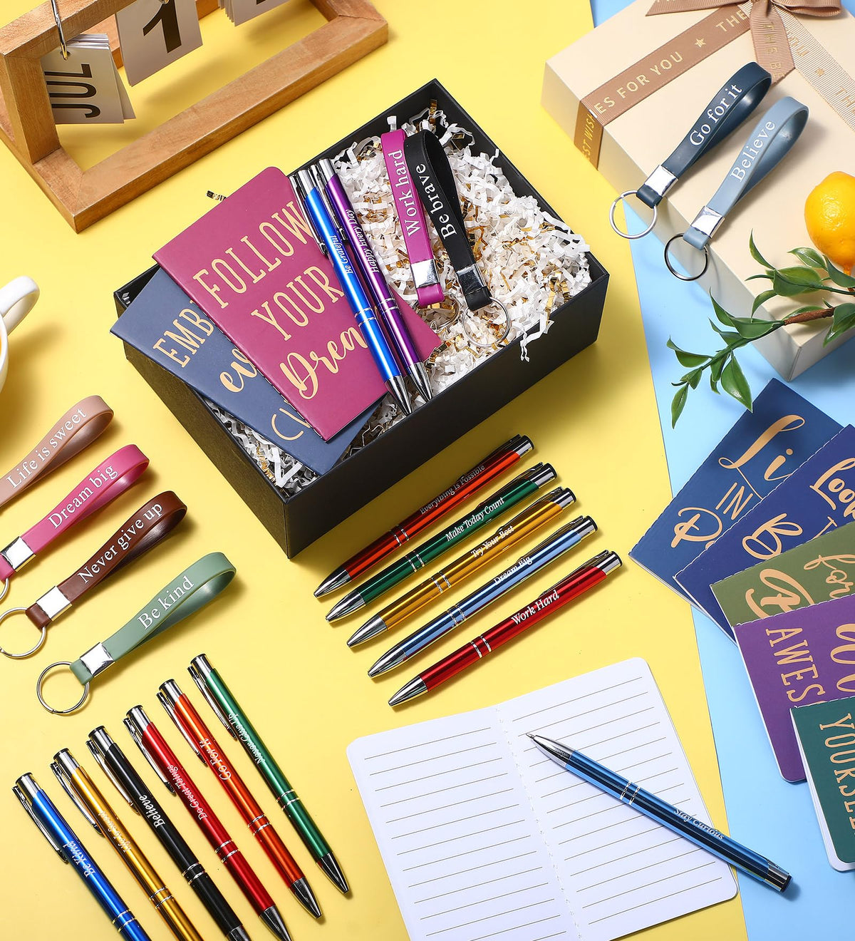 PerKoop 48 Pcs Inspirational Gifts Set Inspirational Quote Notepads 3 x 5 Inch Motivational Ballpoint Pens Keychains Bulk Colorful Journal Notebooks for School Office Party Favor Supplies
