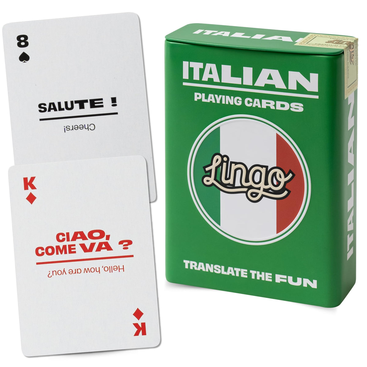 Italian Lingo Playing Cards in Wayfarer Tin Box | Travel Flashcards | Learn Italian Vocabulary in A Fun & Easy Way | 52 Essential Translations