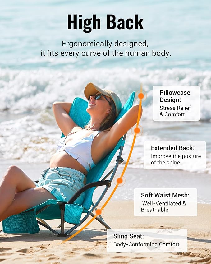 KingCamp Low Beach Chairs, Portable Folding Chair for Adults Extra Wide Ergonomic High Back Seat 300lbs Heavy Duty Lightweight Oversized Gear with Carry Bag for Outdoor Lawn Camping Picnic