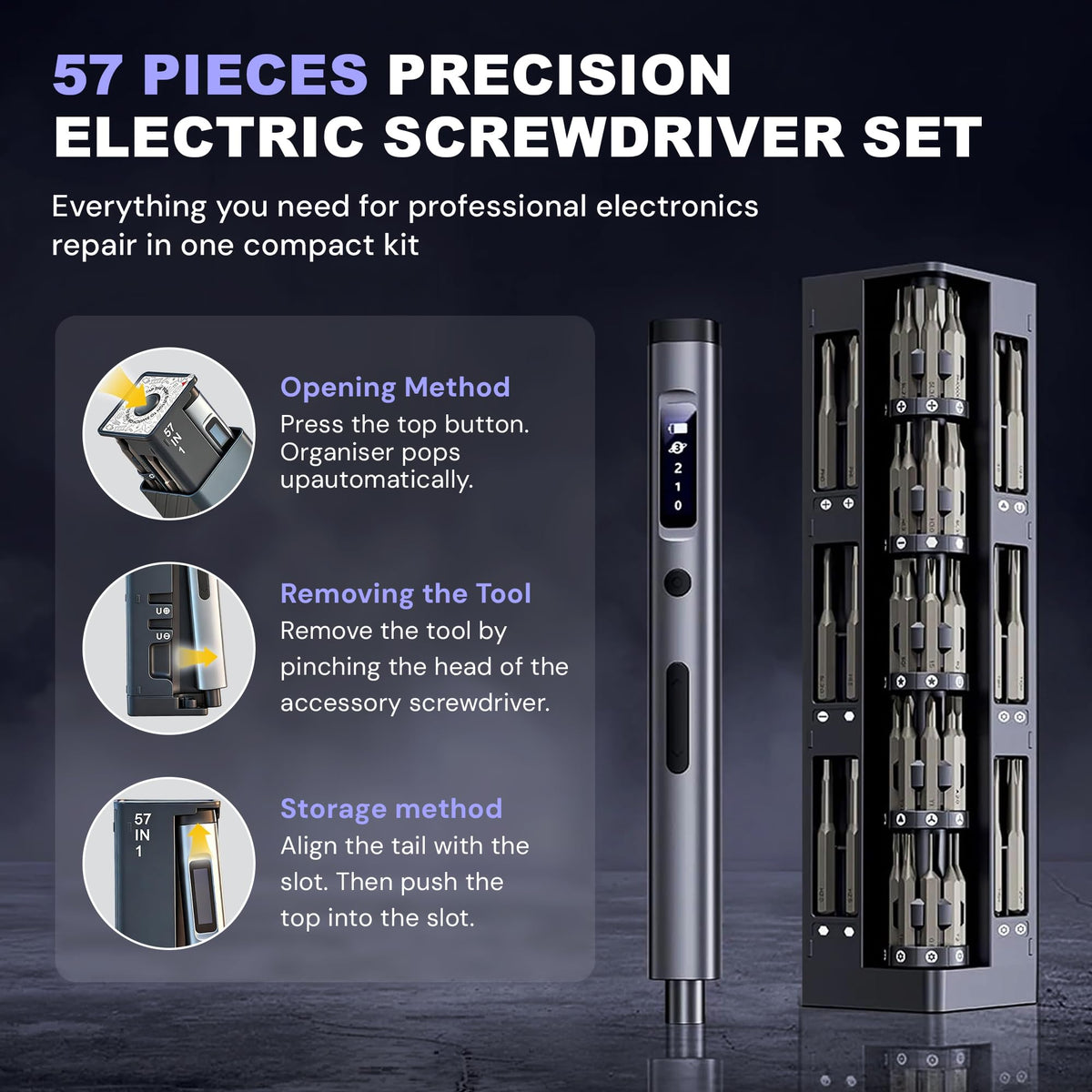 MILENTII 57-in-1 Precision Electric Screwdriver Set, Mini Rechargeable Magnetic Screwdriver with OLED Display, 3 Torque Settings, Electronics Repair Tool Kit for Phone, Laptop, PC, Console