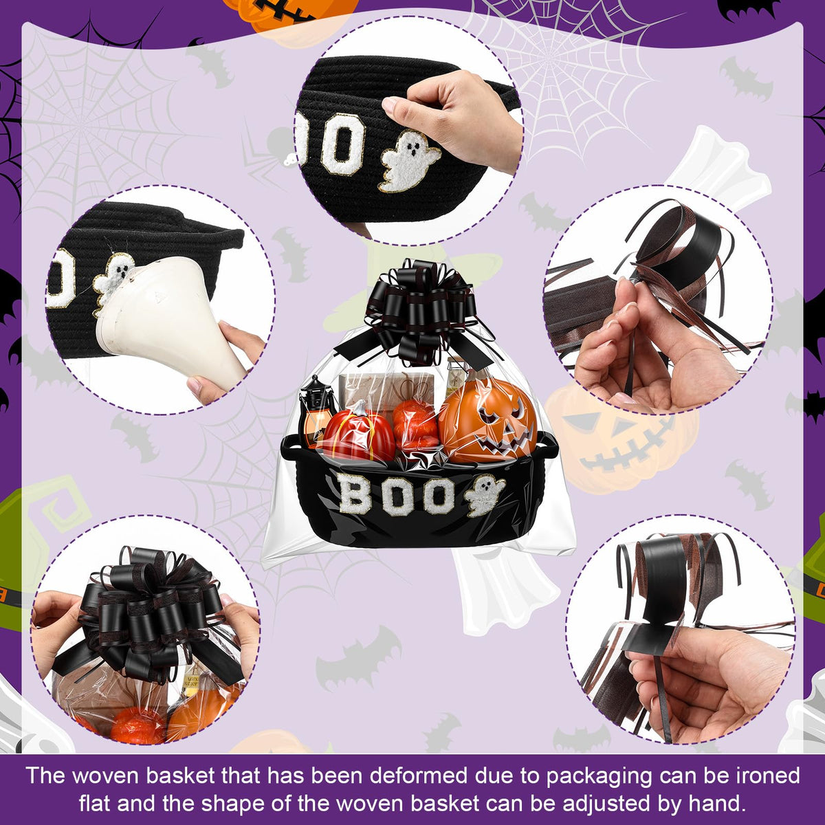 Acellegic 3 Sets Halloween Boo Basket for Gifts with Bows Ribbons Cute Boo Ghost Woven Candy Baskets Trick or Treat Bucket for Halloween Holiday Birthday Treat Wrapping Party Supplies (Black)