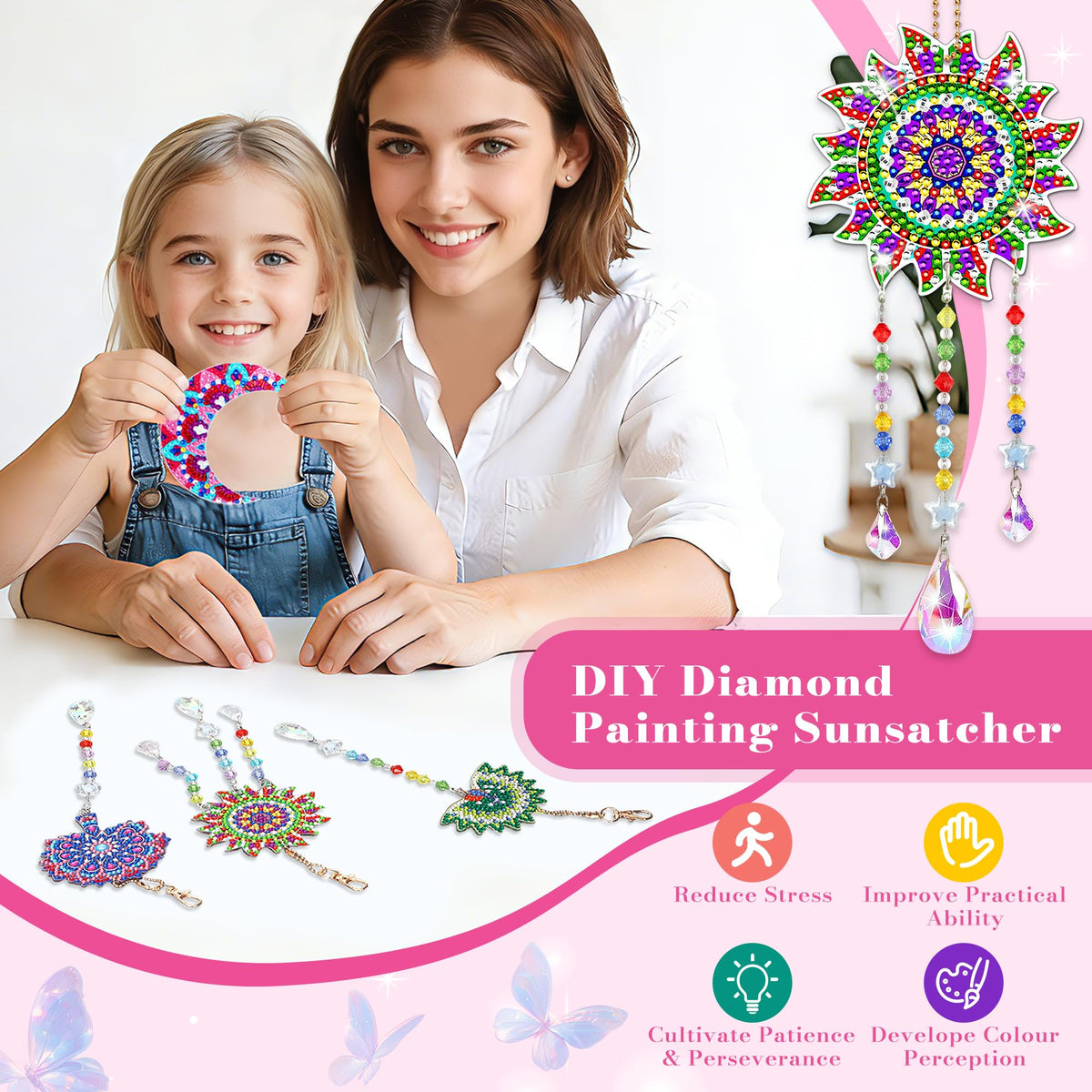 4pcs Diamond Art Kits for Kids/Adults, Arts and Crafts for Kids Ages 8-12, Birthday Gifts for 6 7 8 9 10 11 Year Old Girl, Paint by Numbers Kit for Kids Wind Chimes Gem Art Crystal Window Sun Catcher