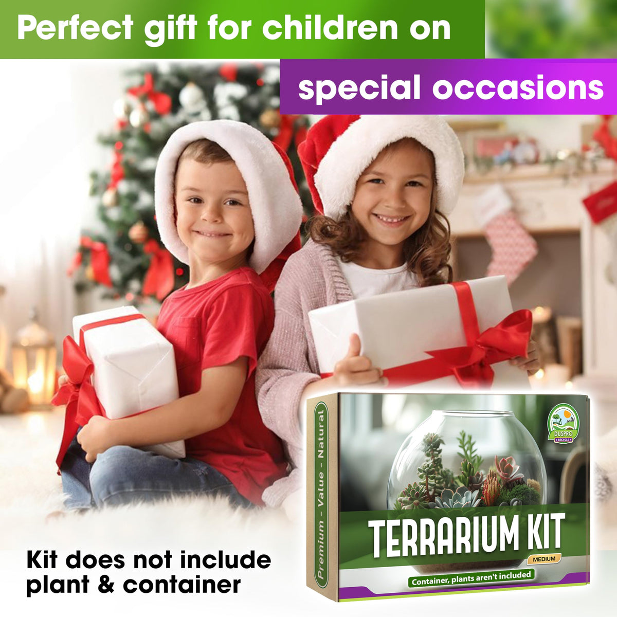 DUSPRO Recycle Terrarium Kit, Include Potting Soil, Pumice, Zeolite, Green Moss, Sphagnum Moss, Decorative Stone, Mesh, Tools, DIY Terrarium Kit for Kids, Air Plant, Succulent