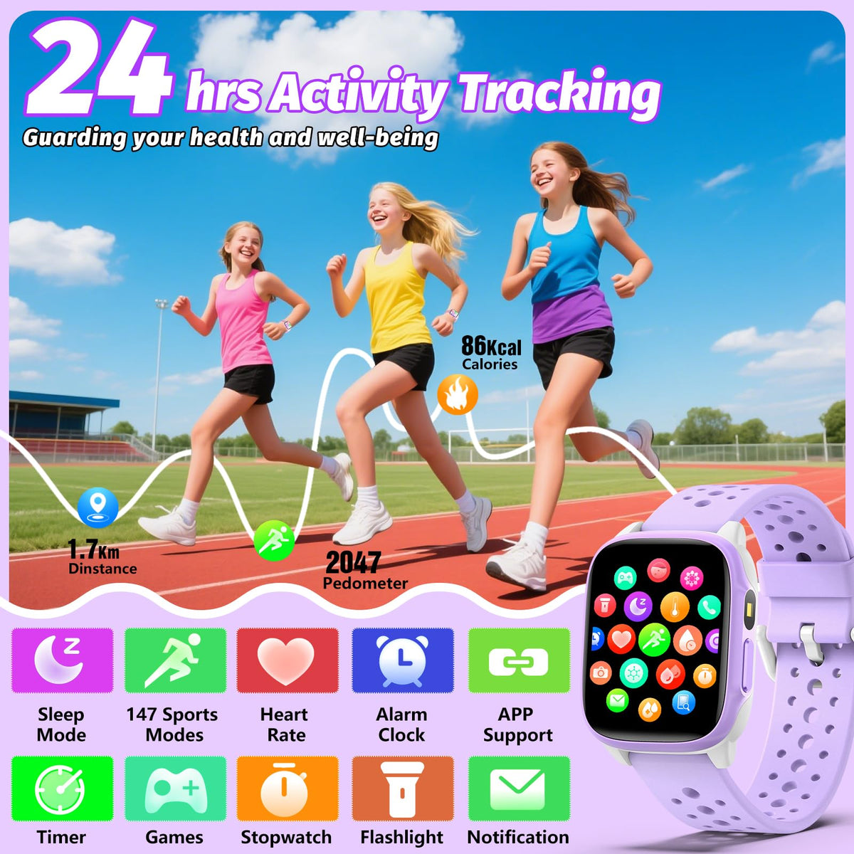 meoonley Kids Watch with 140 Sports Modes, 1.5" Kids Fitness Tracker, Girls Smart Watch, No APP/Phone Required, Sleep Monitor, Heart Rate, Puzzle Games, IP68 Waterproof,Gifts for Girls Teens Aged 6-15