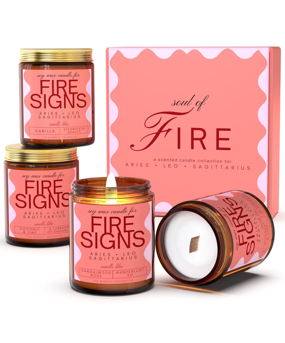 Aries, Leo, Sagittarius Gifts for Women - Wood Wick Candles, 4 Pack Small Scented Candles Set for Women. 6oz Natural Soy Wax, Aromatherapy Set for Home. Zodiac Astrology Birthday Spiritual Gifts